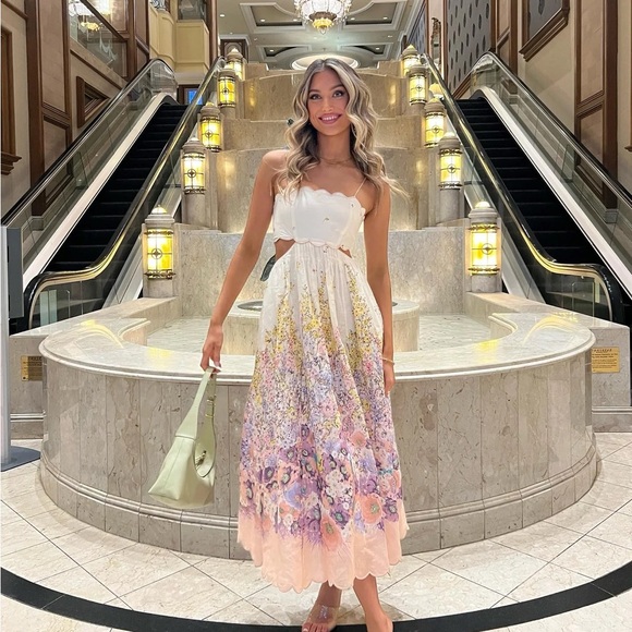 ZIMMERMANN JUDE SCALLOP MIDI DRESS IN PEACH GRADIENT FLORAL ZIMM SIZE 2 /AU 10 - Picture 4 of 14